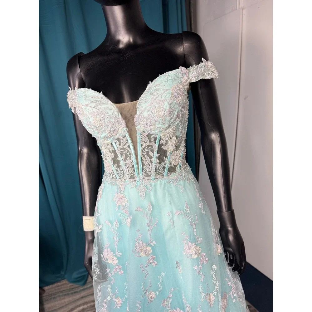 Morrell Maxie Size 4‎ Aqua White Floral Lace Off Shoulder Formal Gown - Picture 4 of 16